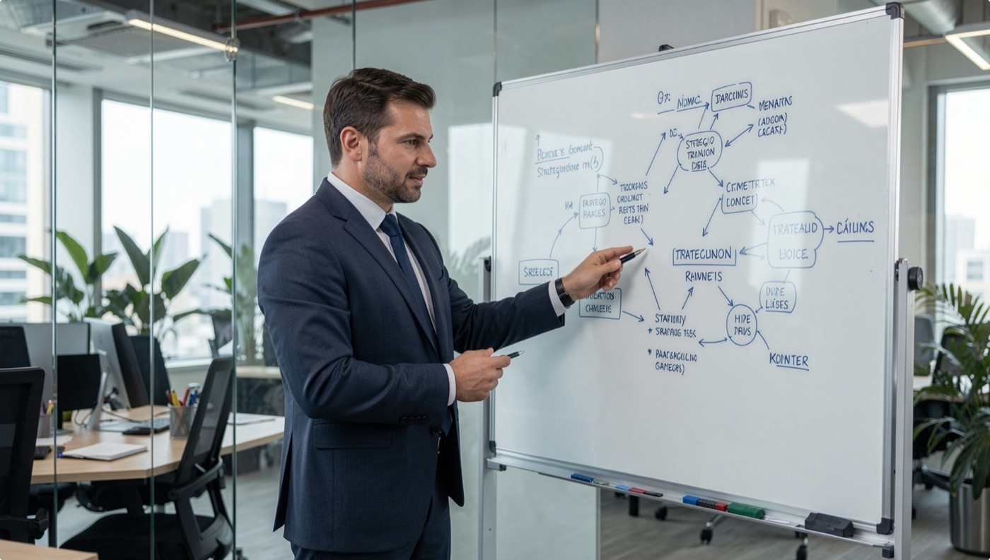 Executive consulting strategy session mapping out organisational transformation
